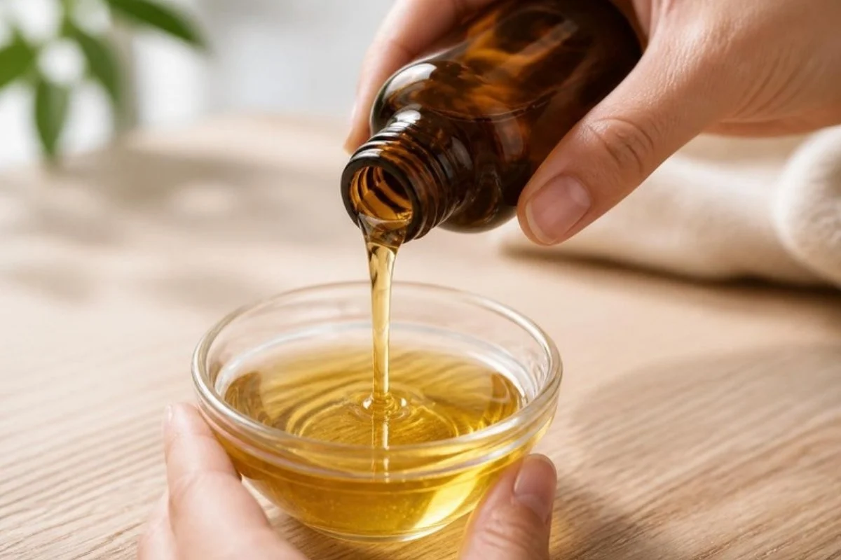 Hands pouring organic castor oil from an amber bottle into a small glass dish