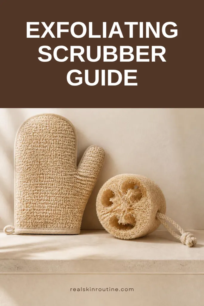 Exfoliating scrubber mitt and loofah sponge on a stone shelf