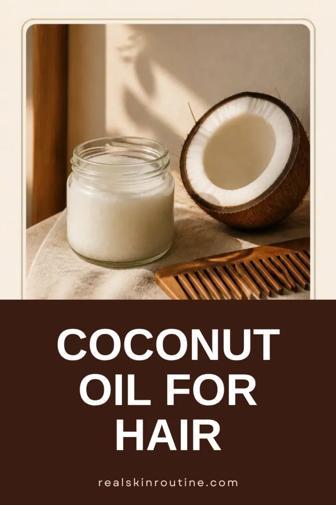 Jar of coconut oil beside a halved coconut and a wooden comb, pin for coconut oil for hair