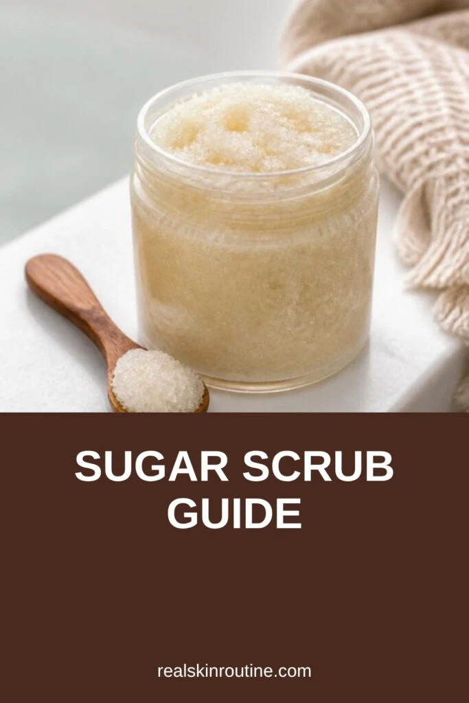 Glass jar of sugar scrub with a wooden spoon on a marble bath ledge, pin for sugar scrub