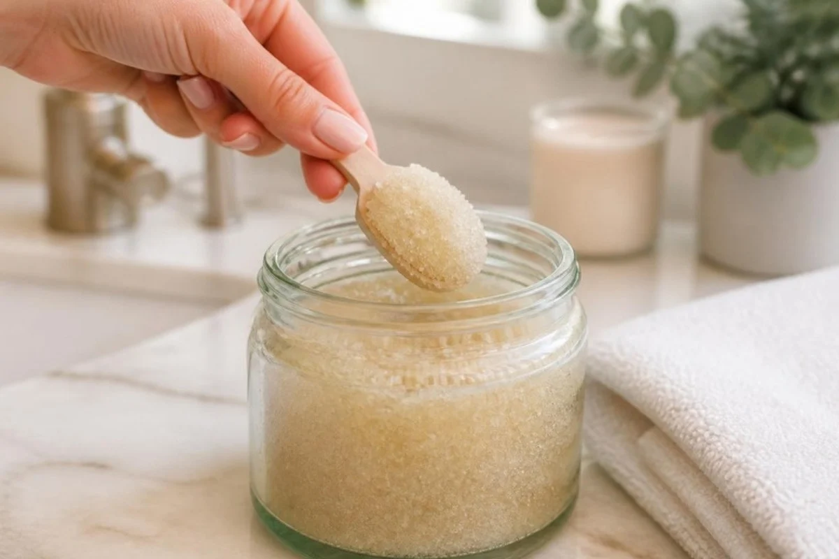 Hand scooping sugar scrub from a glass jar beside a folded white towel
