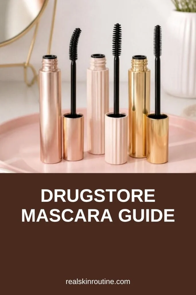 Three mascara tubes with different wands on a pink vanity tray, pin for drugstore mascara