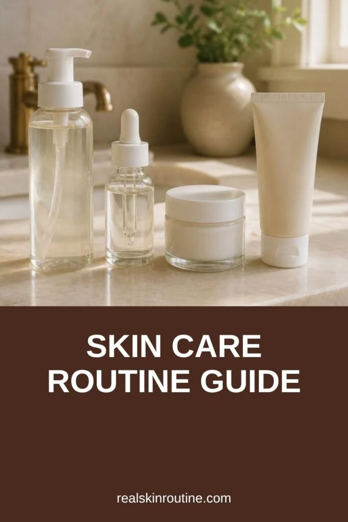 Cleanser, serum, moisturizer and sunscreen lined up on a bathroom shelf, pin for skin care routine