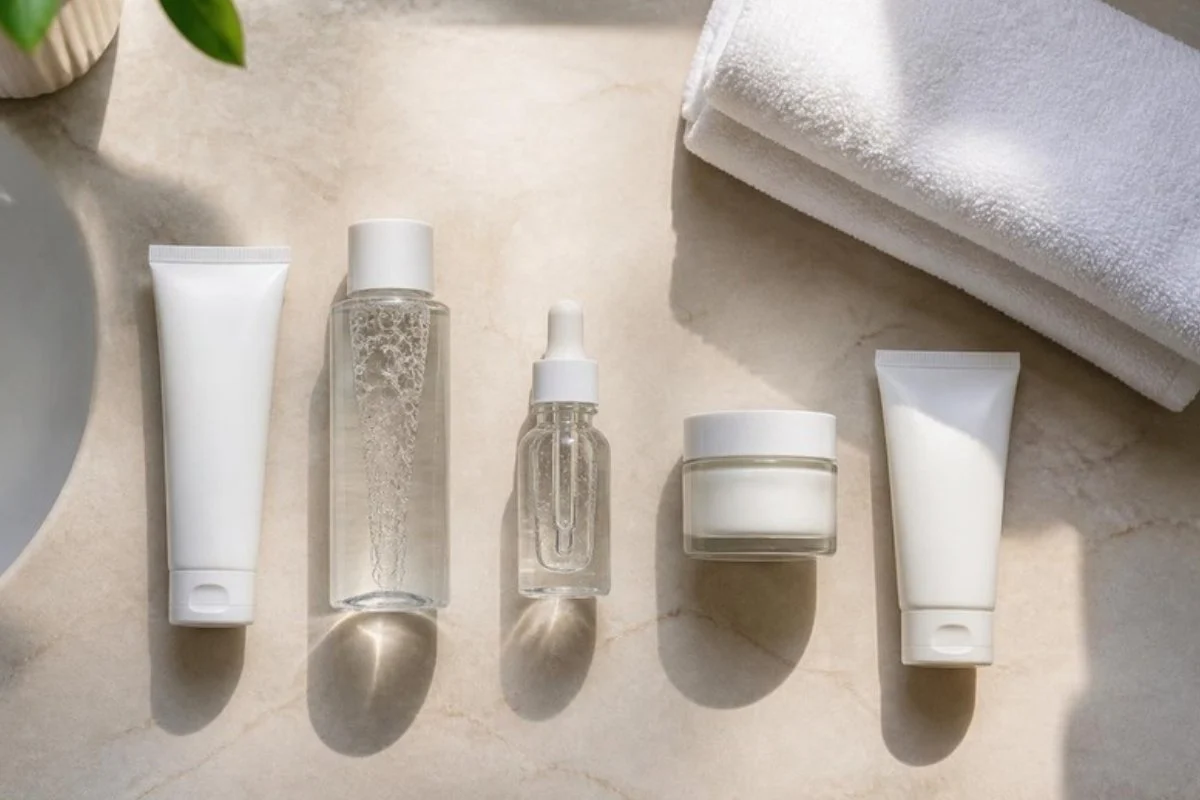 Skin care routine products arranged in order on a cream bathroom counter
