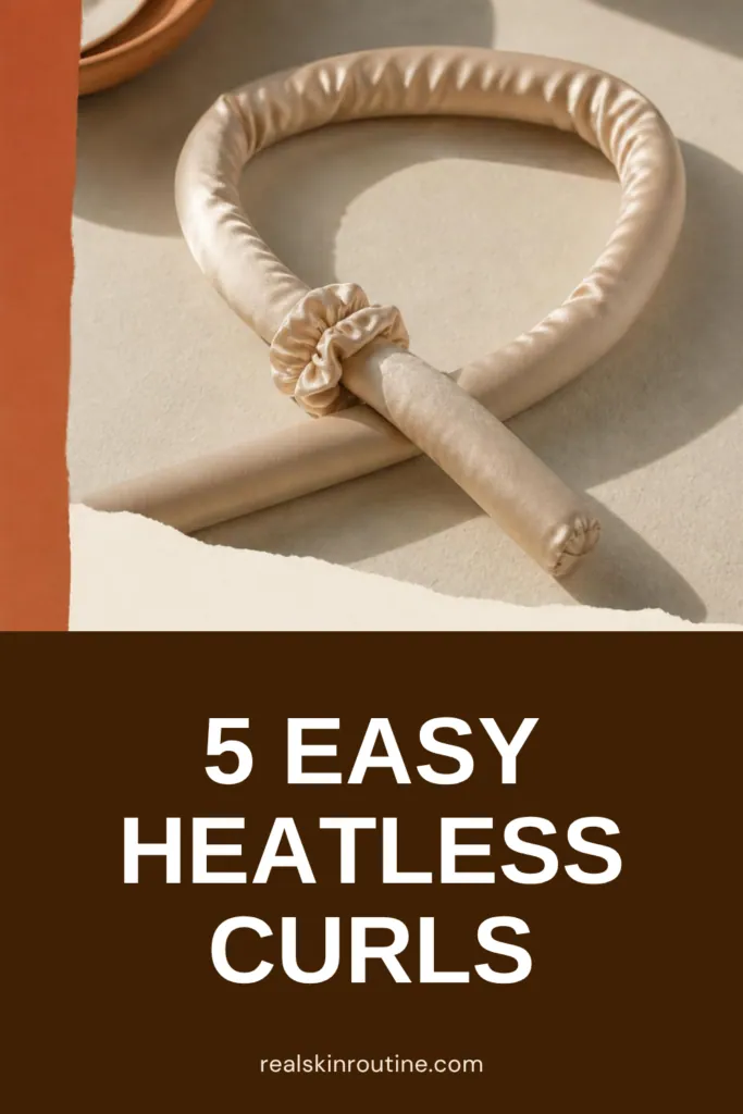 Satin heatless curling rod tied with a scrunchie, pin for easy heatless curls