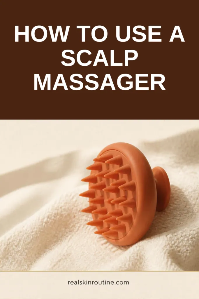 Orange silicone scalp massager resting on a cream towel