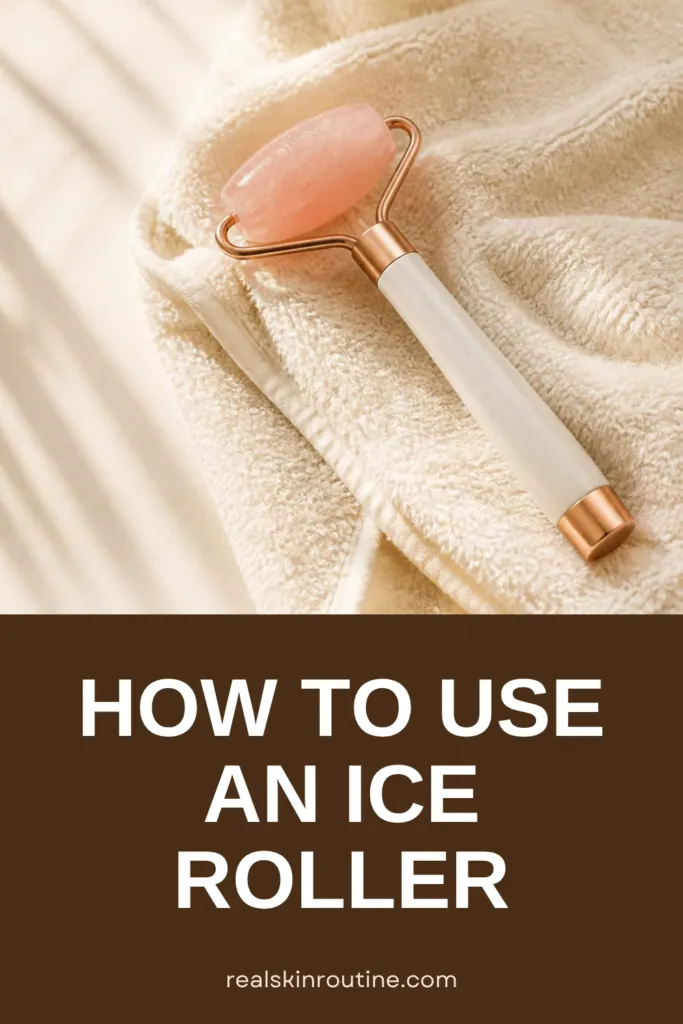 Rose quartz ice roller for face lying on a soft cream towel