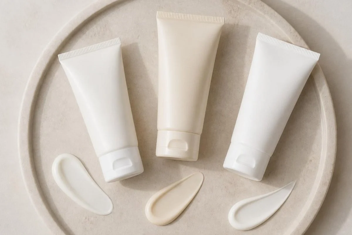 Unbranded tubes of mineral sunscreen for sensitive skin with creamy swatches on a pale stone tray