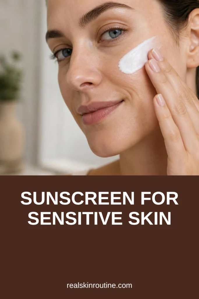Woman smoothing white mineral lotion onto her cheek, pin for sunscreen for sensitive skin