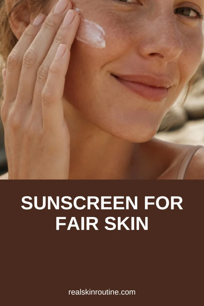 Woman with fair skin and freckles applying white sunscreen to her cheek, pin for sunscreen for fair skin