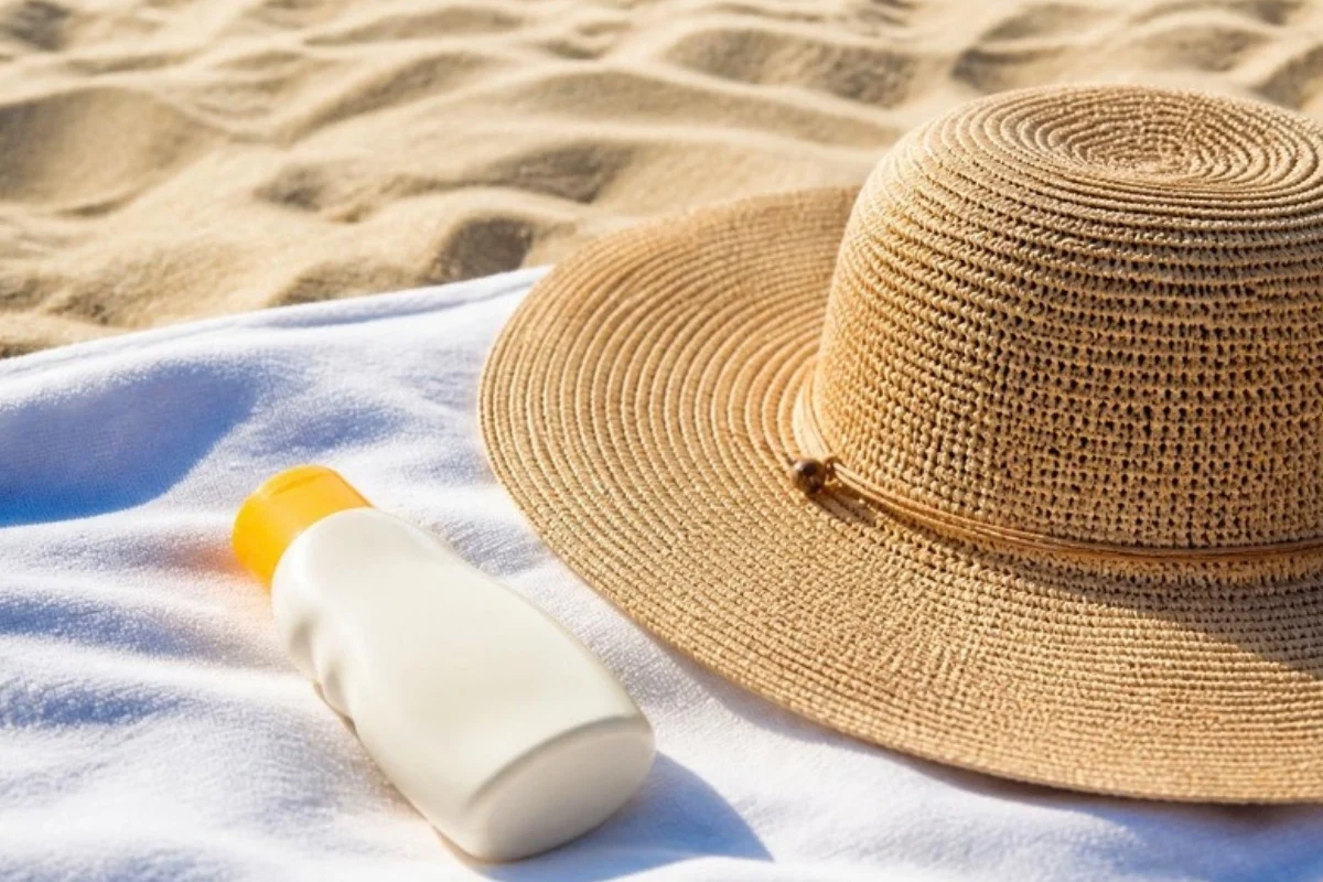 Sunscreen for fair skin bottle and a wide-brimmed straw hat on a white beach towel