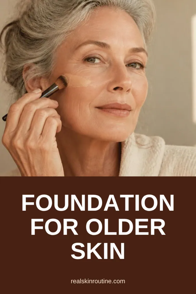 Woman with silver hair applying foundation with a brush, pin for the best foundation for older skin