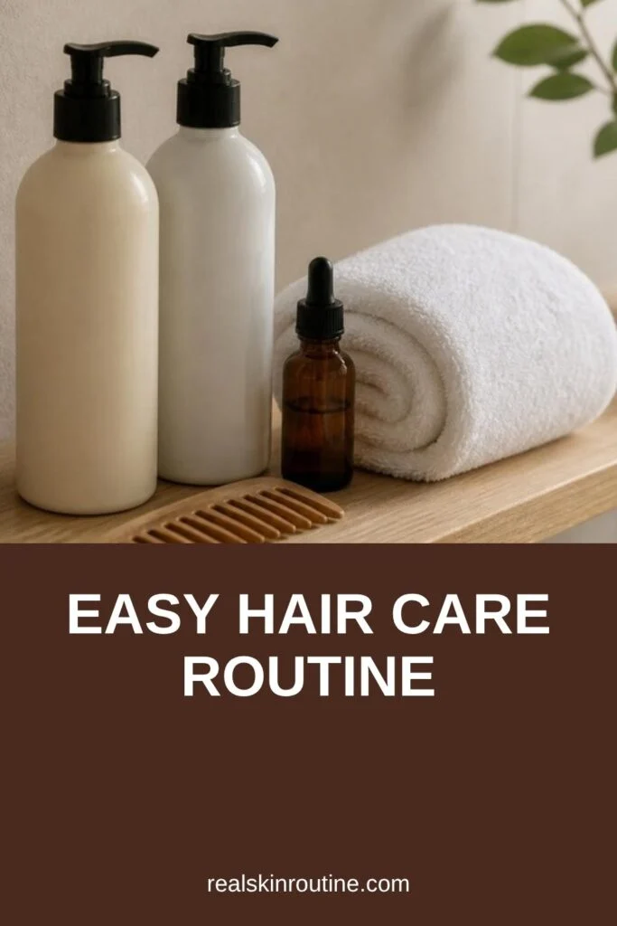 Shampoo, conditioner, wide-tooth comb and hair oil on a bathroom shelf, pin for hair care routine