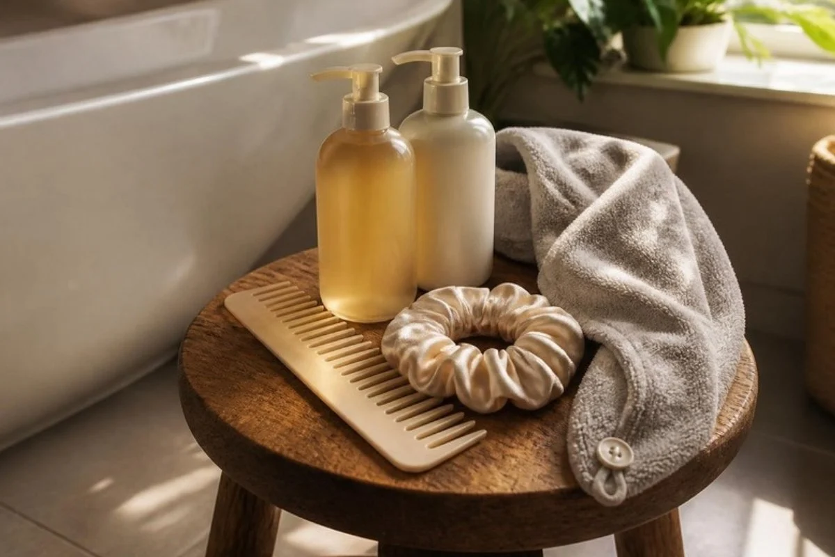 Hair care routine essentials with a wide-tooth comb and towel on a wooden stool