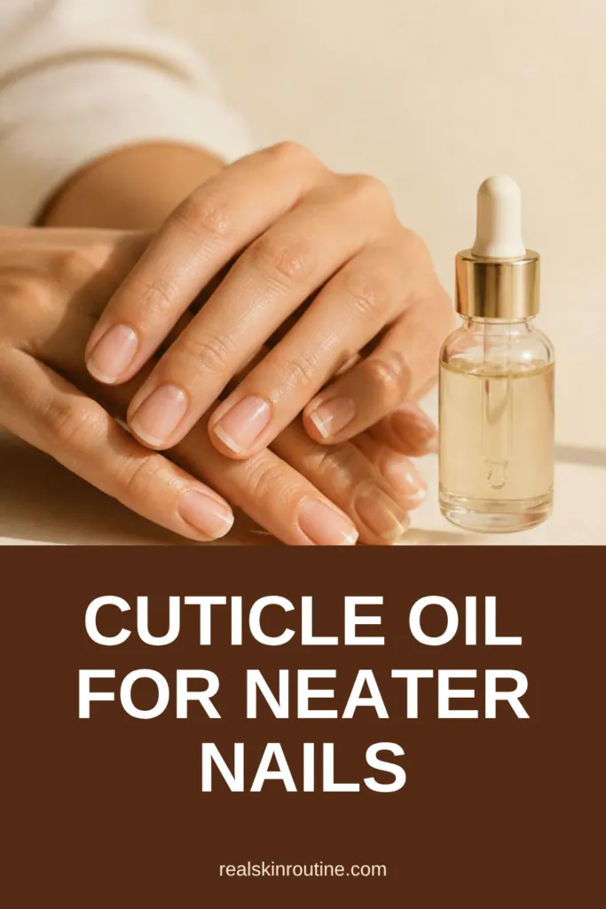 Hands with neat natural nails next to a dropper bottle of cuticle oil