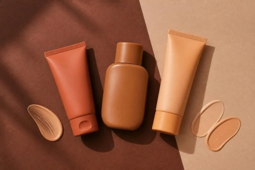 Three unbranded bottles of sunscreen for black skin with sheer tinted swatches on brown and beige paper