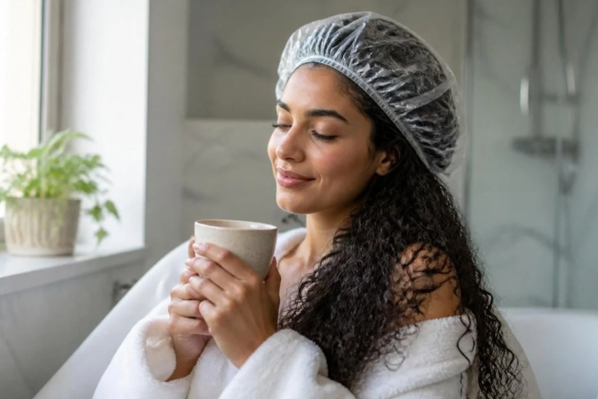 Woman with curly hair relaxing with tea while a deep hair conditioner for dry hair sits under a shower cap