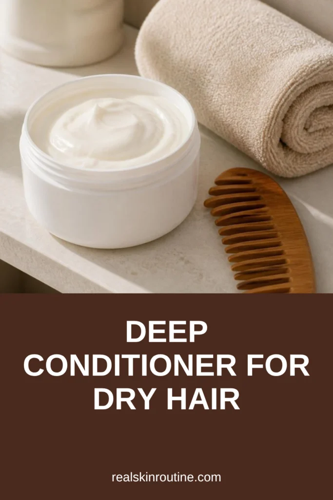 Open tub of creamy conditioner with a wooden comb and rolled towel on a shelf, pin for deep hair conditioner for dry hair