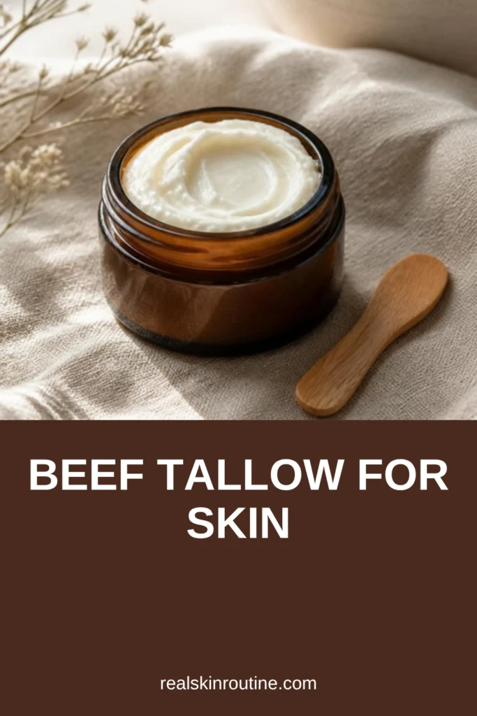 Amber jar of whipped tallow balm with a wooden spatula on linen, pin for beef tallow for skin