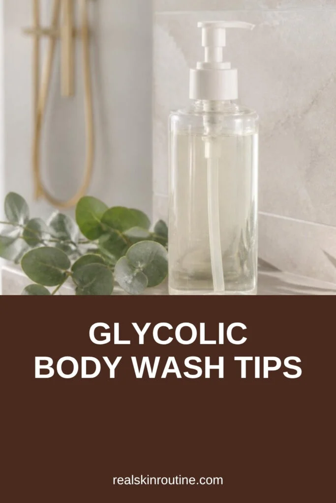 Pump bottle of body wash on a stone shower shelf with eucalyptus, pin for glycolic body wash
