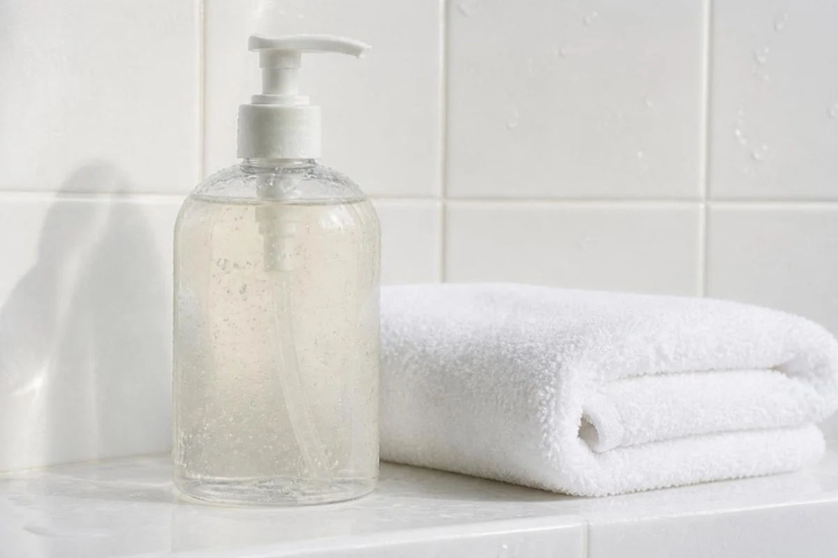 Clear glycolic body wash pump bottle beside a folded white towel on a tiled shower shelf