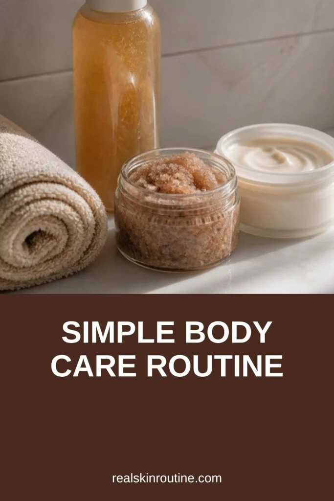Body wash, sugar scrub and body cream beside a rolled towel, pin for body care
