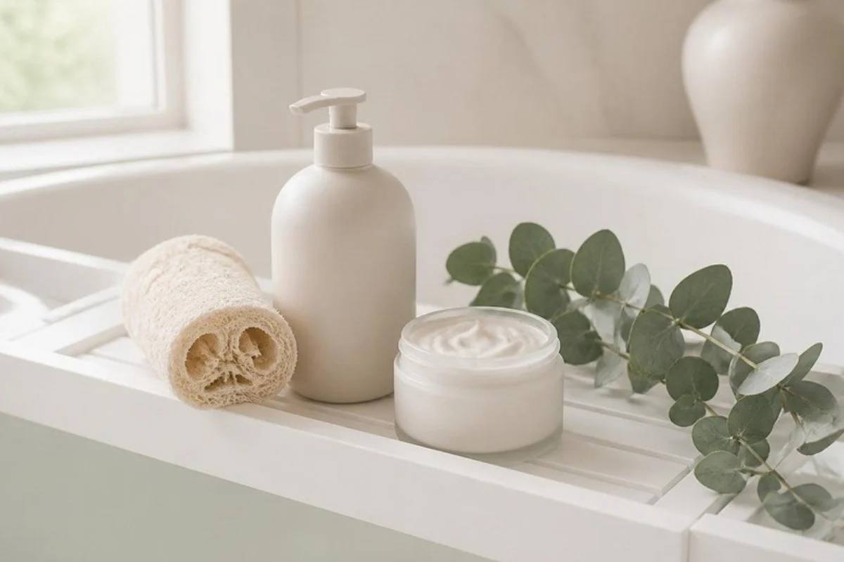 Body care products and a loofah arranged on a white bath tray