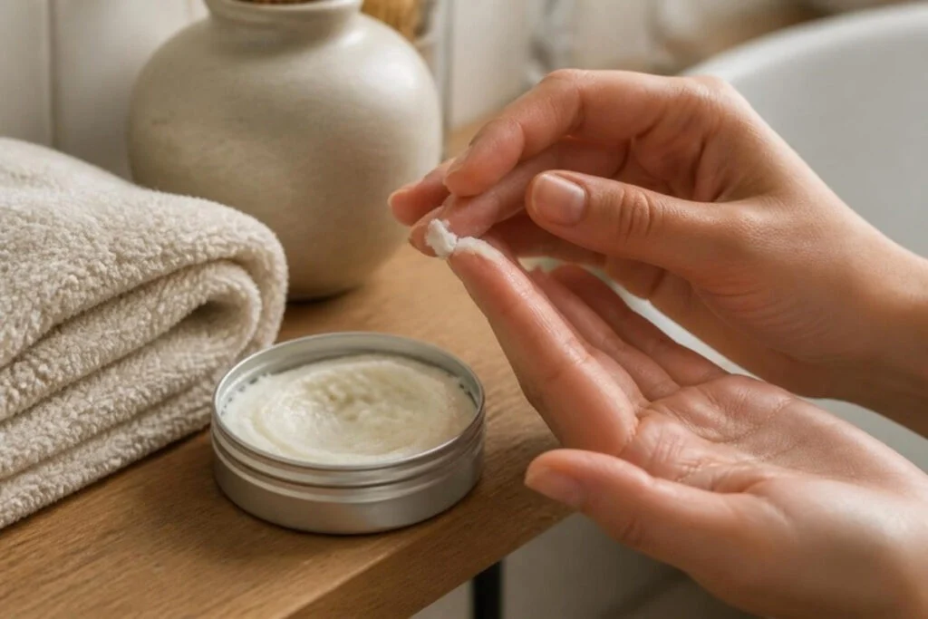 Hands warming a small amount of beef tallow for skin balm from an open tin on a wooden shelf