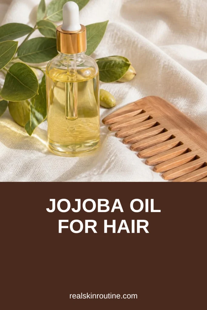 Glass dropper bottle of golden jojoba oil with a wooden comb on linen, pin for jojoba oil hair