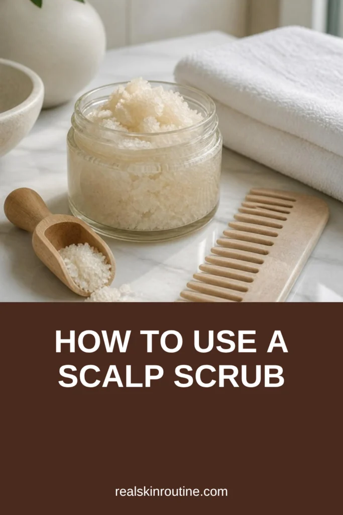 Glass jar of sugar scalp scrub with a wooden scoop and wide-tooth comb, pin for scalp scrub