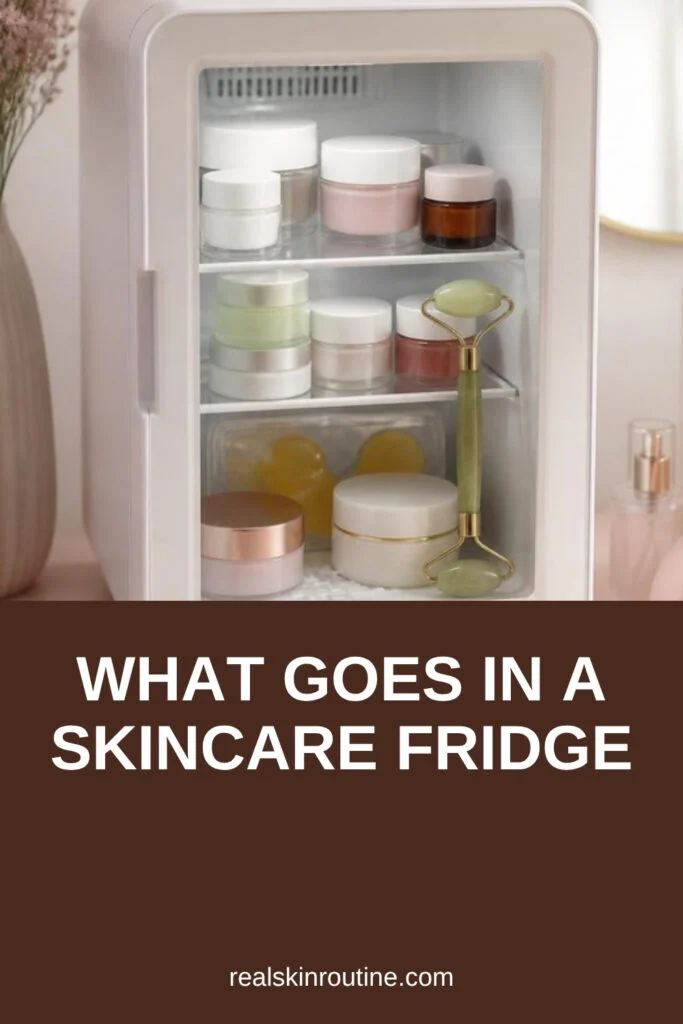 Small white mini fridge filled with skincare jars and a jade roller, pin for skincare fridge
