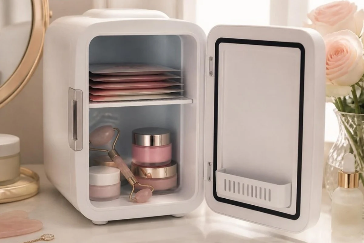 Open skincare fridge on a vanity with sheet masks, eye cream and a face roller inside