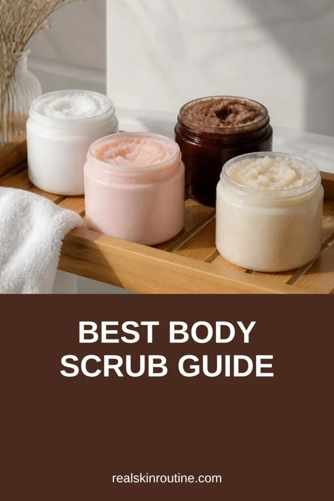 Four jars of body scrub in white, pink, brown and cream on a bath tray, pin for best body scrub