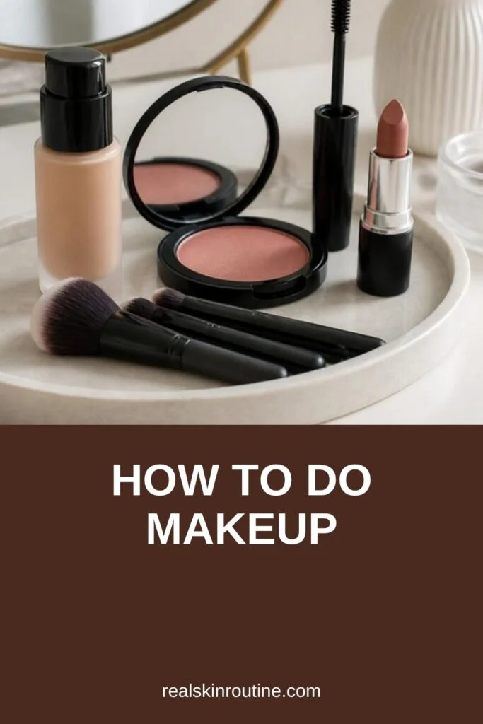 Foundation, brushes, blush and lipstick on a vanity tray, pin for how to do makeup
