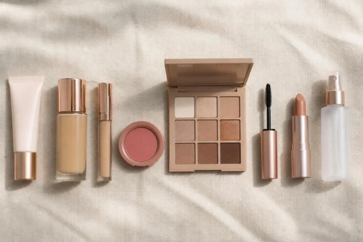 Beginner makeup kit laid out in order for how to do makeup step by step