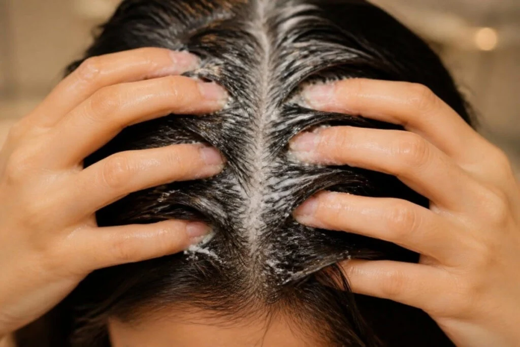 Fingertips massaging a scalp scrub into a hair part on dark hair