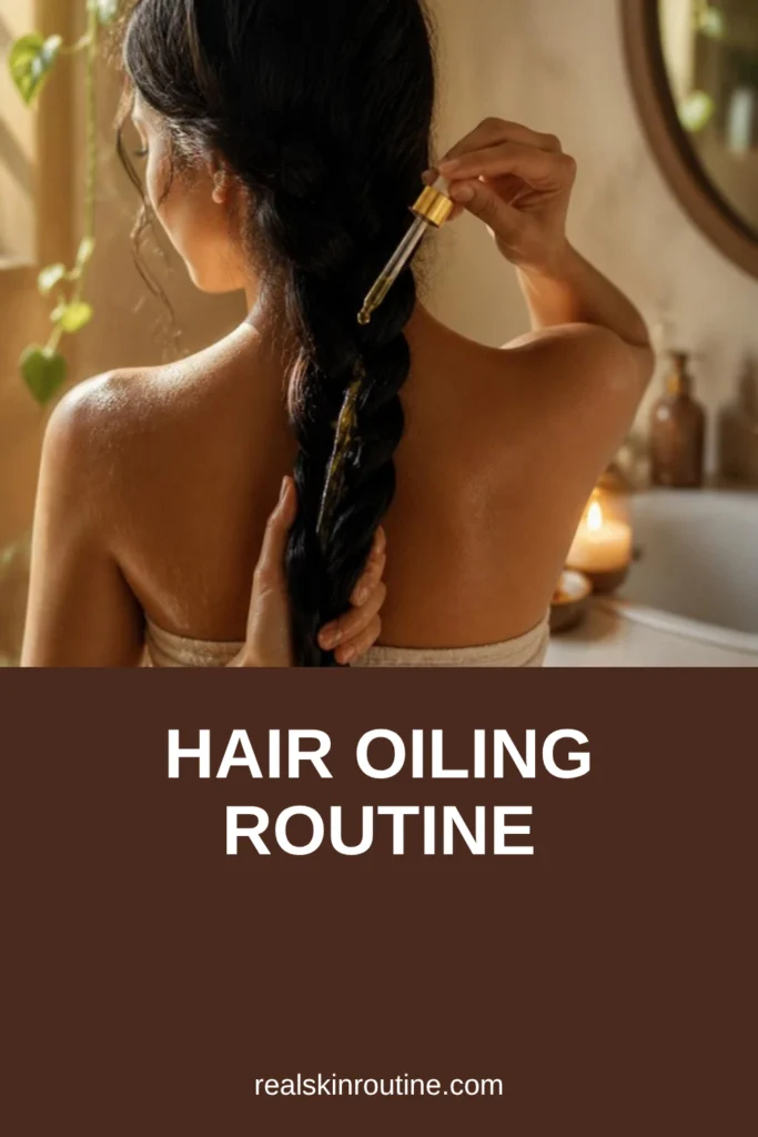 Woman with long dark braided hair applying oil from a dropper, pin for hair oiling