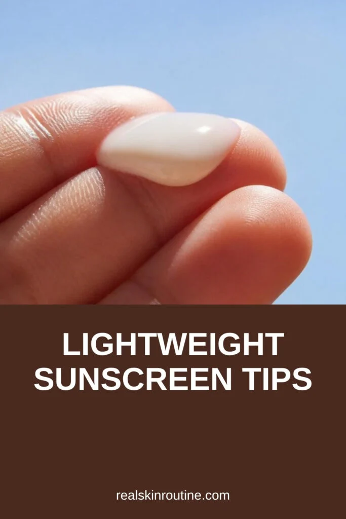Drop of fluid sunscreen on fingertips over a light blue background, pin for lightweight sunscreen