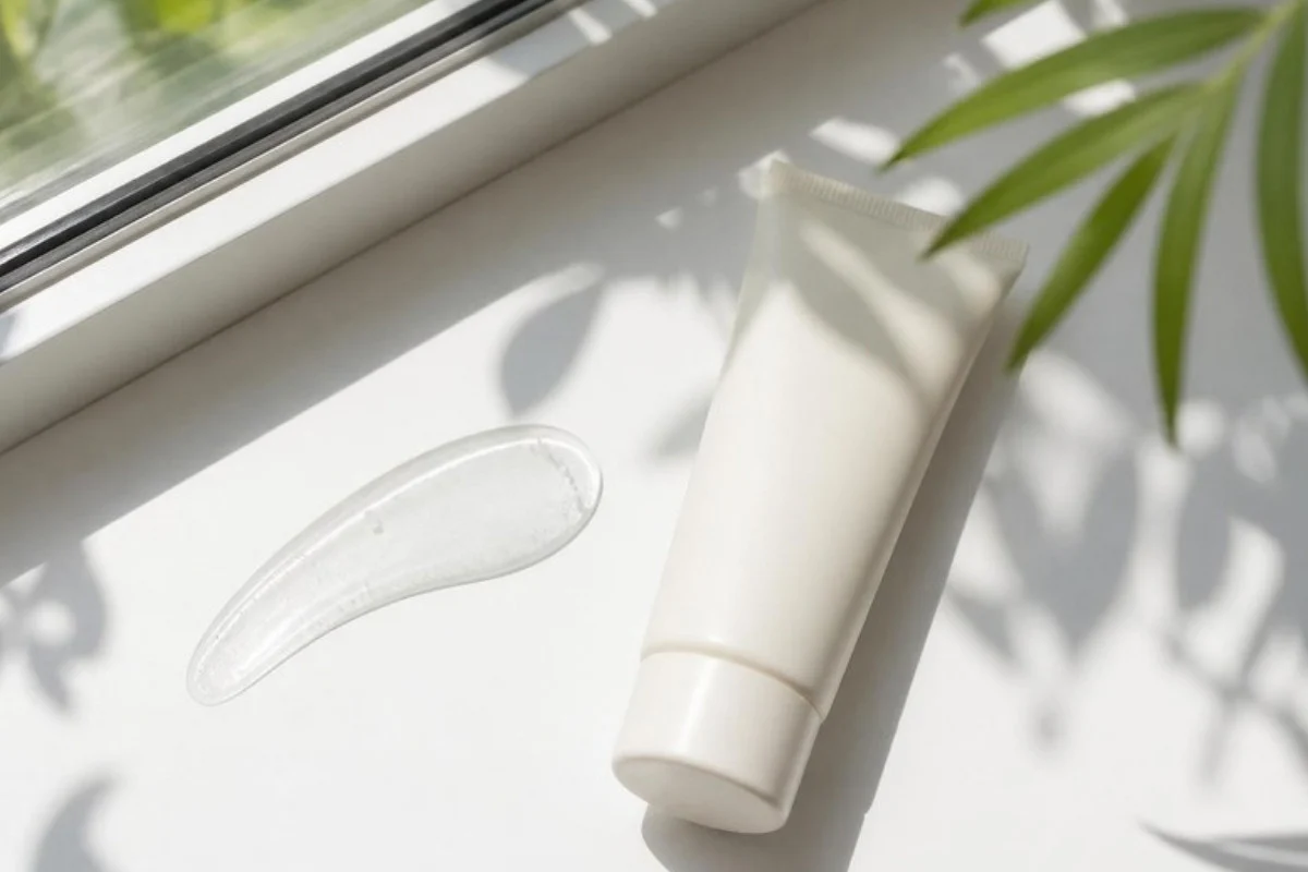 Slim tube of lightweight sunscreen and a sheer gel swatch on a sunny windowsill
