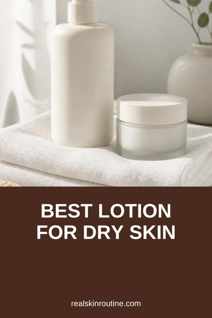 Pump bottle of body lotion and a jar of cream on a white bath towel, pin for best lotion for dry skin