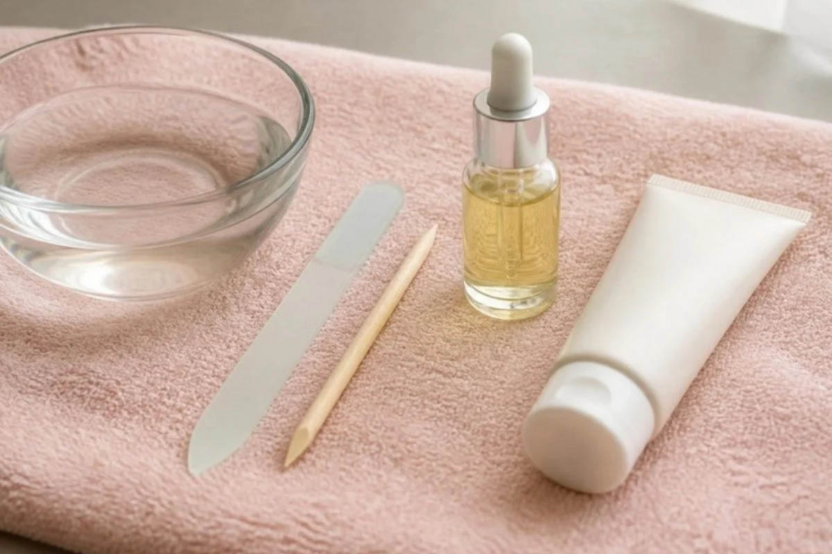 Nail care tools with cuticle oil and a nail file on a soft pink towel