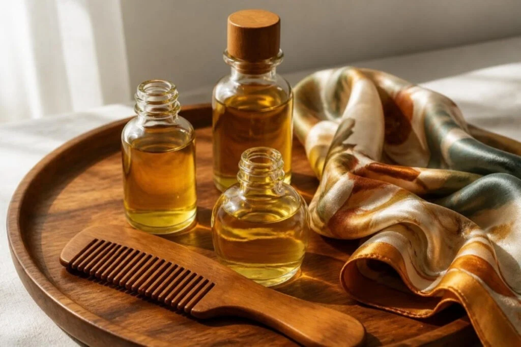 Glass bottles of golden oil for hair oiling with a wooden comb and silk scarf on a tray