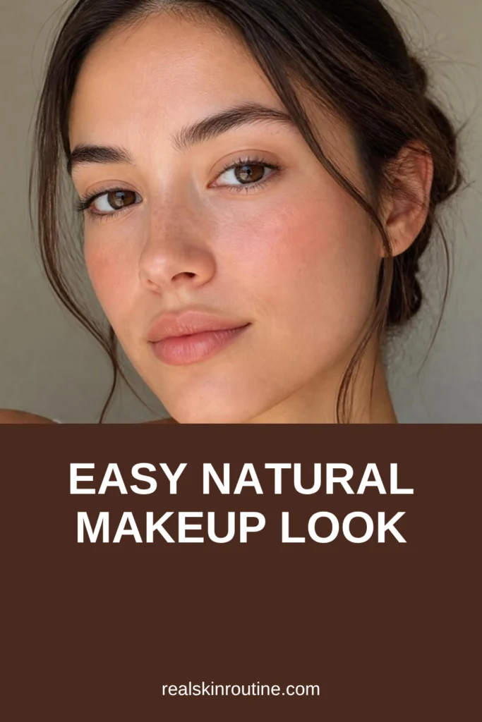 Woman wearing a fresh natural makeup look with peach blush and brushed brows, pin for natural makeup look