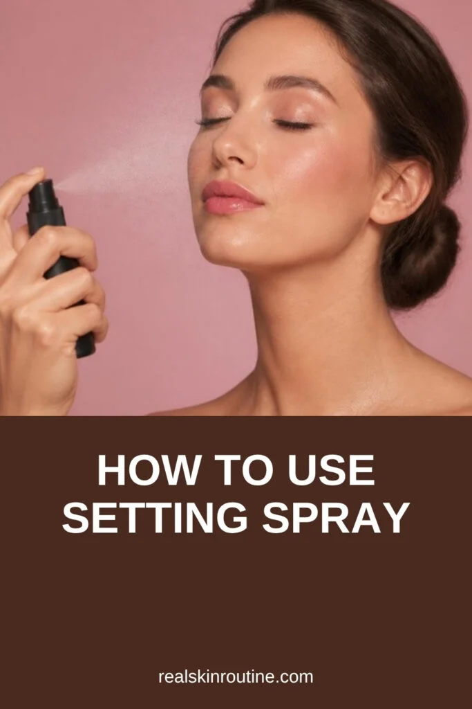 Woman misting setting spray over her face with eyes closed, pin for setting spray