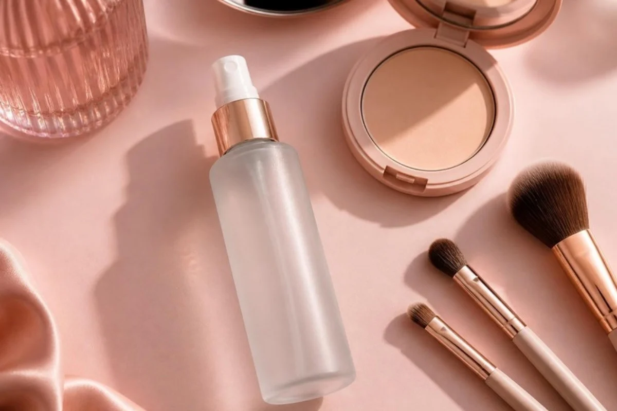 Setting spray bottle next to makeup brushes and a compact on a pink vanity