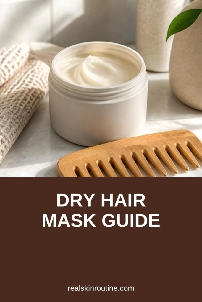 Jar of creamy hair mask with a wide-tooth comb on a bathroom shelf, pin for dry hair mask