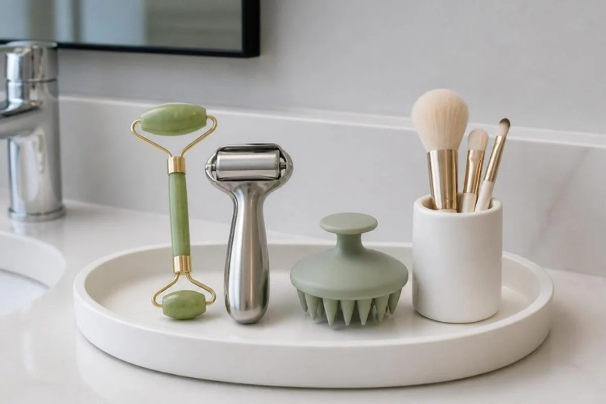 Skincare tools including an ice roller and scalp massager on a white vanity tray