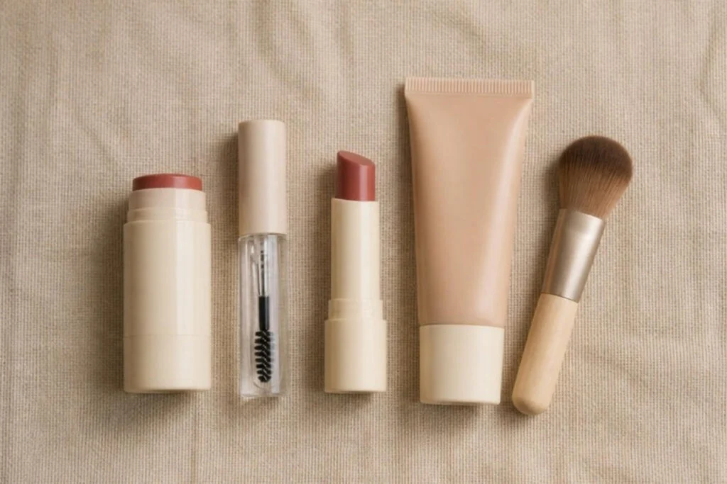 Flat lay of a natural makeup look kit with cream blush, brow gel, lip balm and skin tint on linen