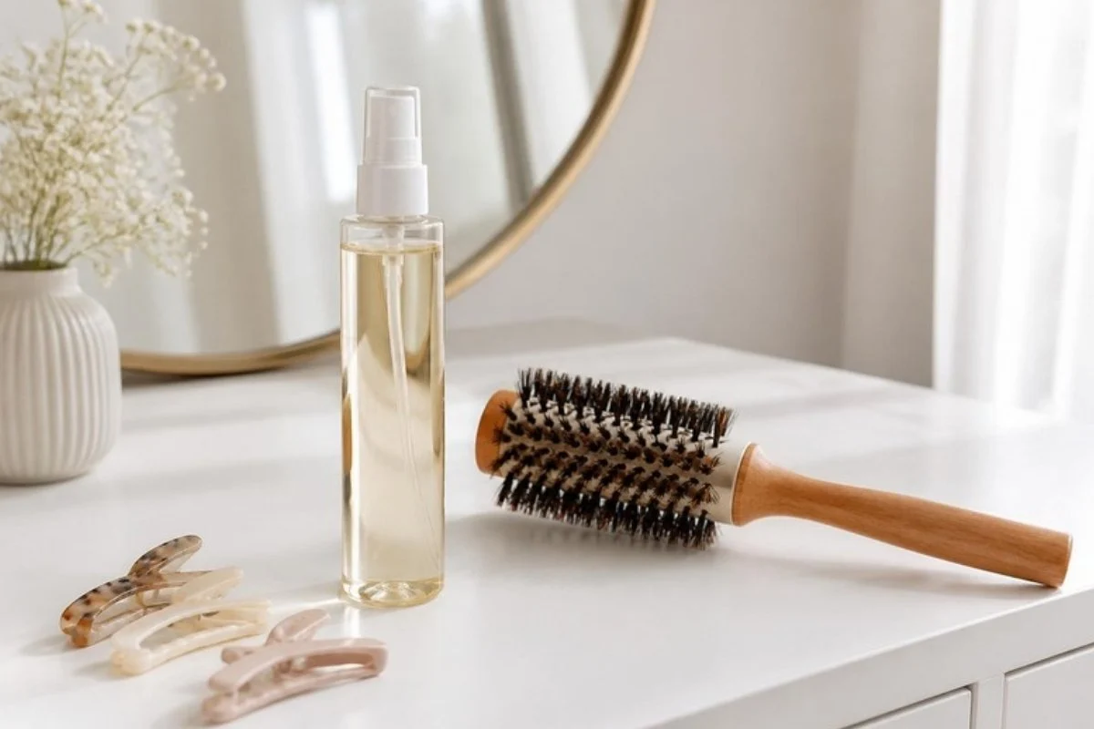 Slim spray bottle of lightweight hair oil next to a round brush and hair clips on a white vanity