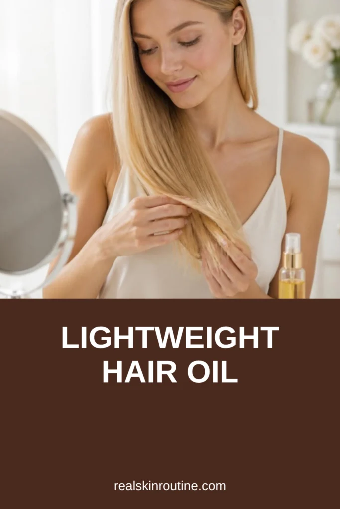 Woman with fine blonde hair touching silky ends beside a slim oil bottle, pin for lightweight hair oil
